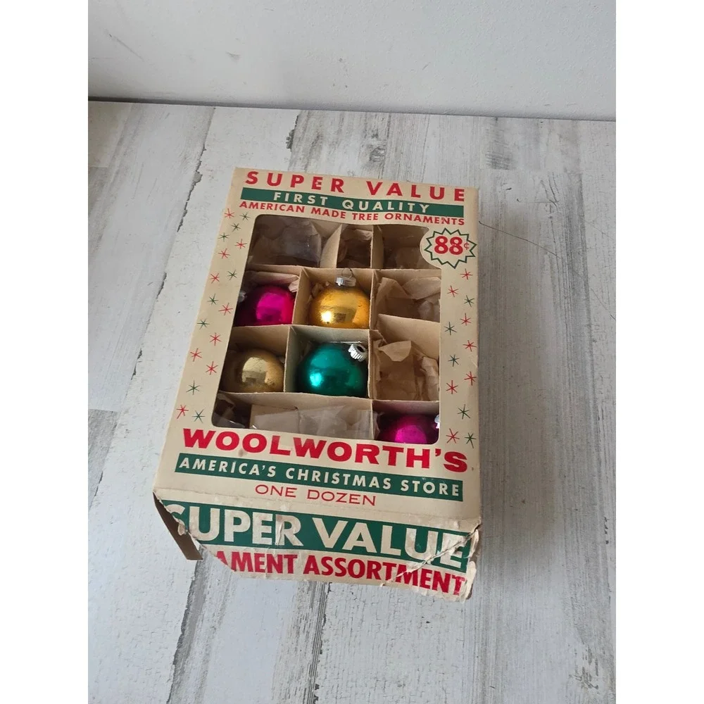 Vintage shiny Bright solid ball ornament set box Woolworth Xmas tree Pink green
